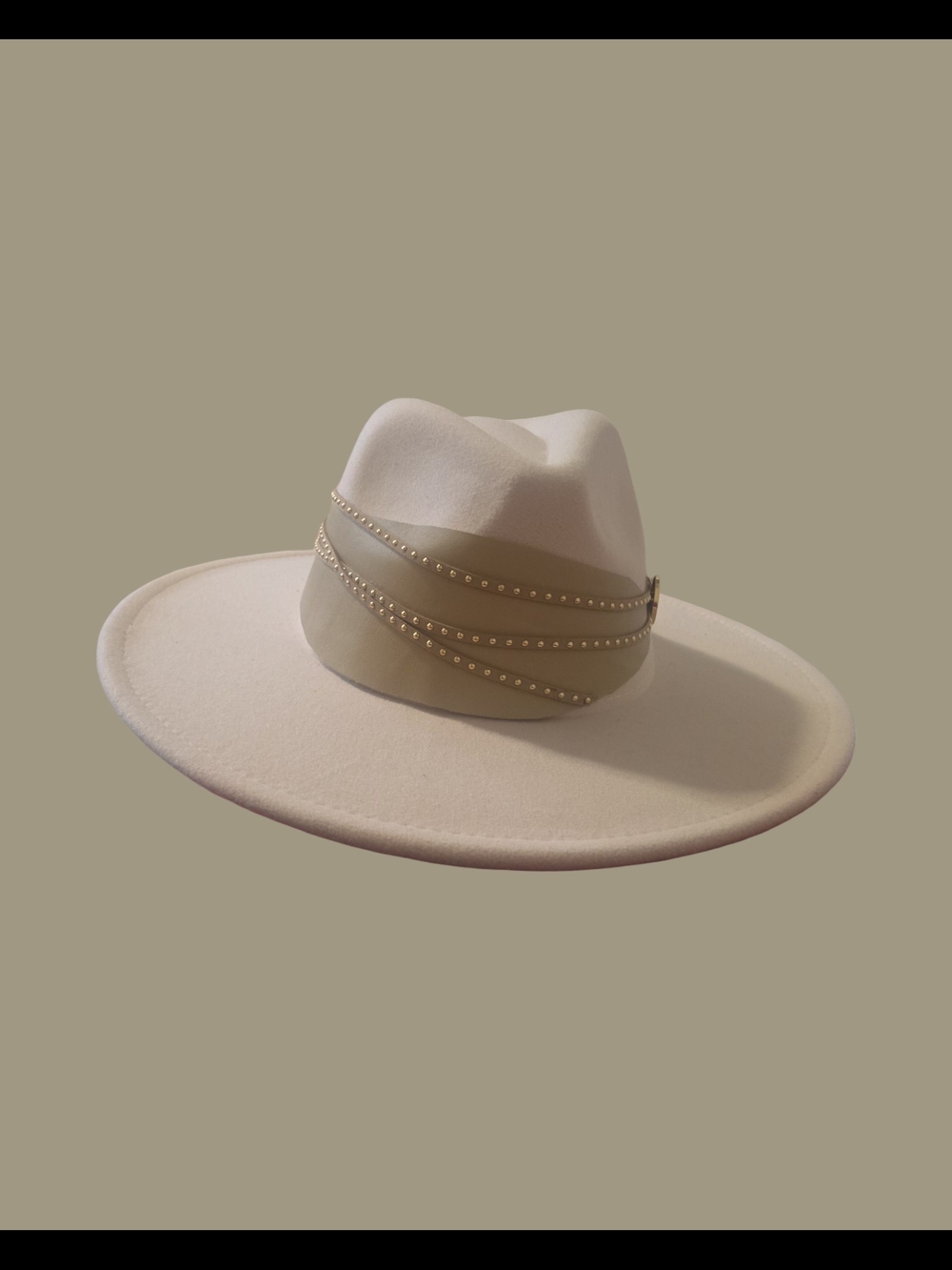 Wide Brim Cream Wool Fedora with Studded Leather Band One Sz Adjustable.
